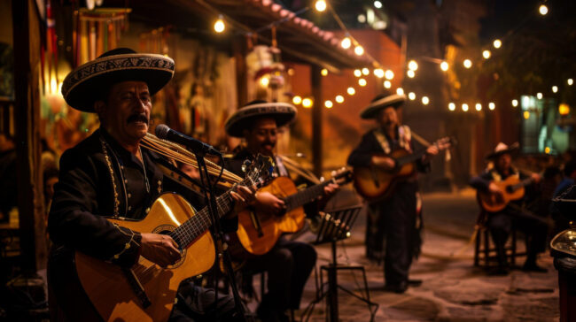 mariachi-street-musicians-mexico-musicians-traditional-costumes-with-guitars-violins-night-life Mariachi band performing at Chicano music festival Inland Empire