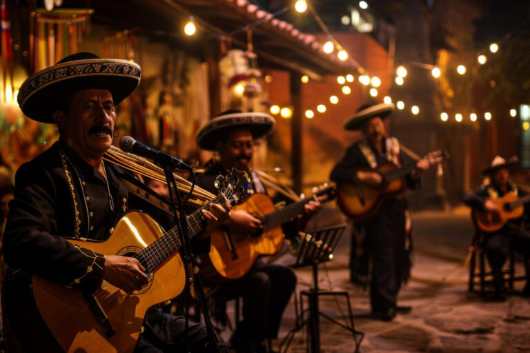 mariachi-street-musicians-mexico-musicians-traditional-costumes-with-guitars-violins-night-life Mariachi band performing at Chicano music festival Inland Empire