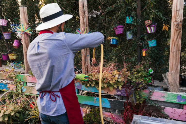 rear-view-man-wearing-hat-watering-plants-with-hose-garden Chicano community garden in California preserving agricultural traditions