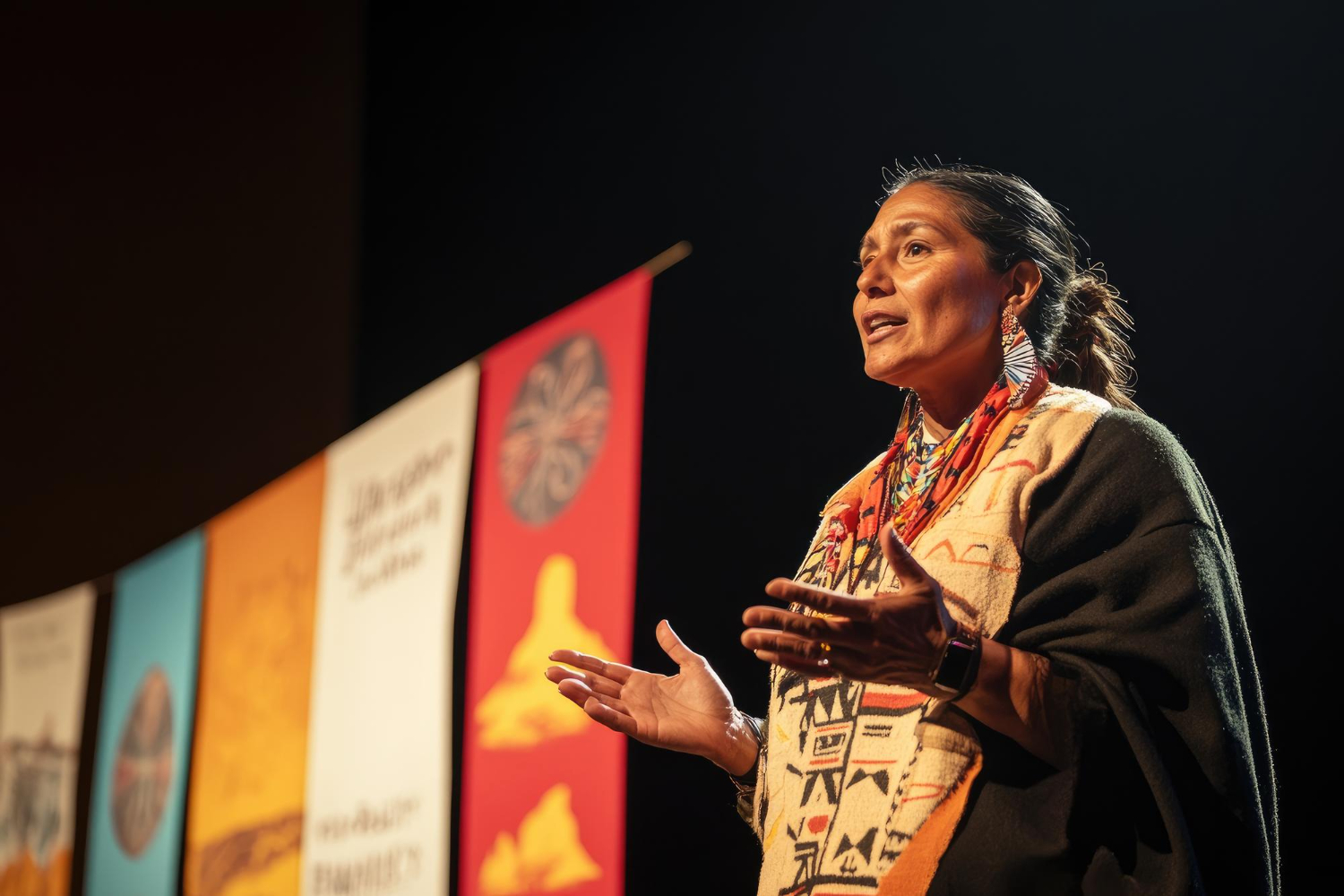 senior-female-activist-speaking-conference-stage-with-banners-native-american-heritage-day Chicano storyteller performing spoken word in Riverside