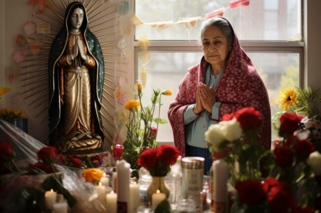 2151153384 Chicano community altar with candles, Virgin of Guadalupe, and cultural symbols