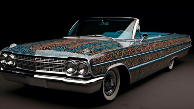 8588 custom lowrider with murals representing Chicano heritage