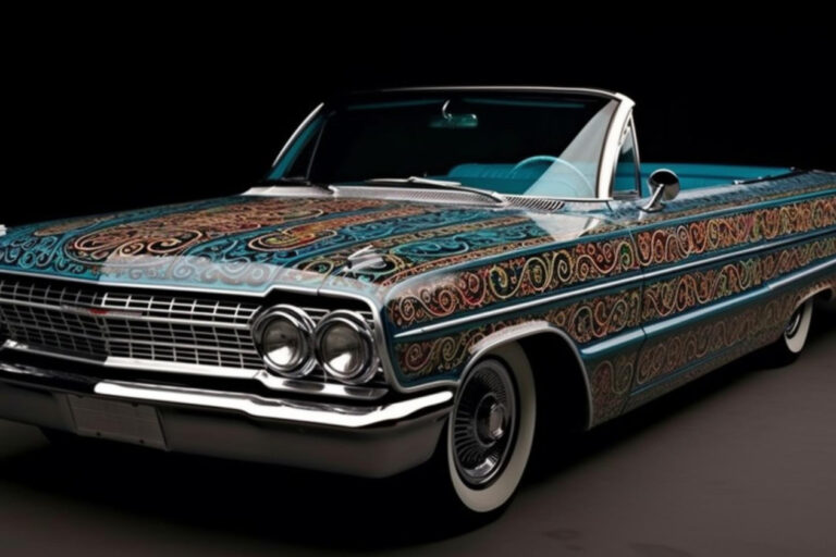 custom lowrider with murals representing Chicano heritage