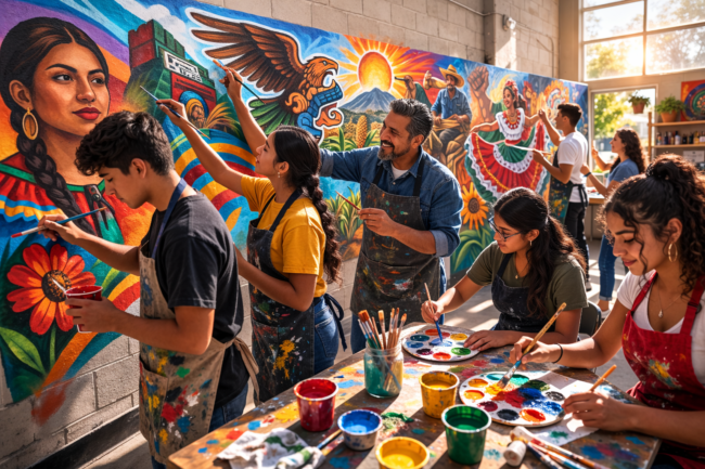 Community mural creation in progress Art education in Chicano communities through youth mural workshop