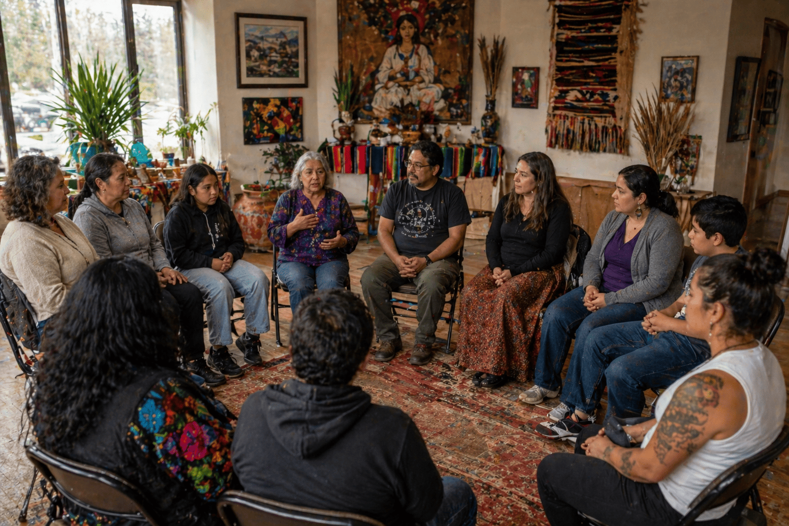 Community healing circles bringing Chicano families together in a shared cultural space