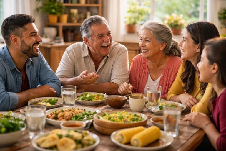 intergenerational dialogue Chicano family sharing stories at home