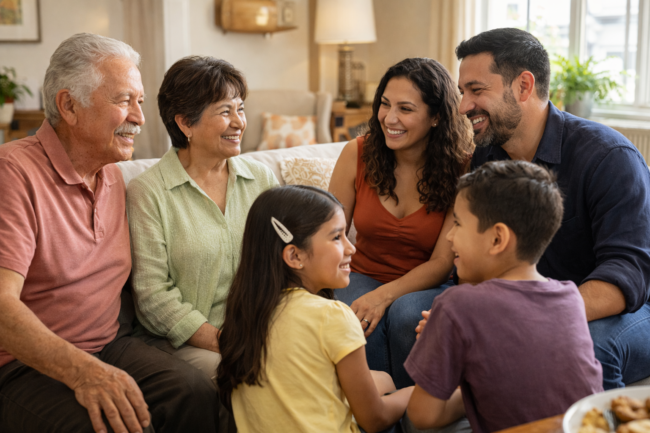 intergenerational dialogue Chicano family sharing stories at home