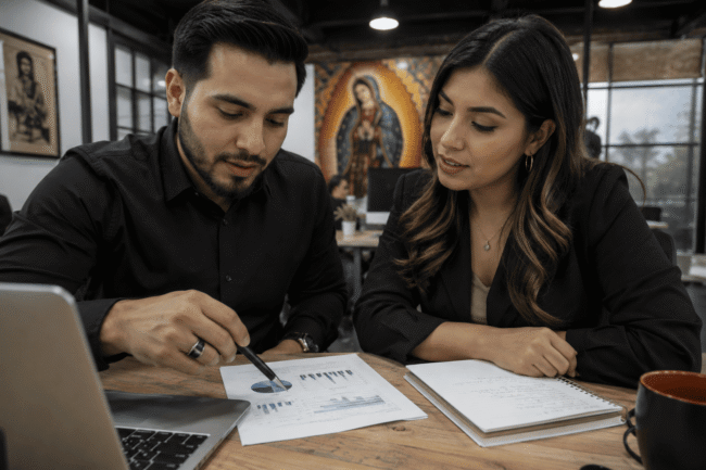 Chicano professional navigating workplace identity in a modern office