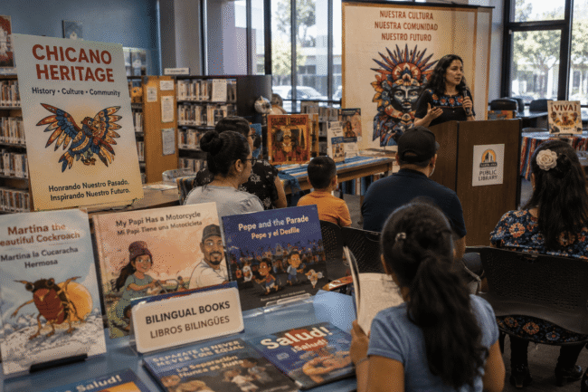 Local library supporting Chicano community culture with bilingual resources and events